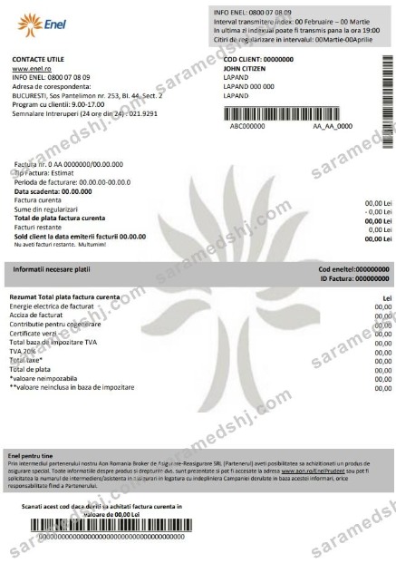 Romania Enel electricity proof of address utility bill template in Word and PDF format (.doc and .pdf)